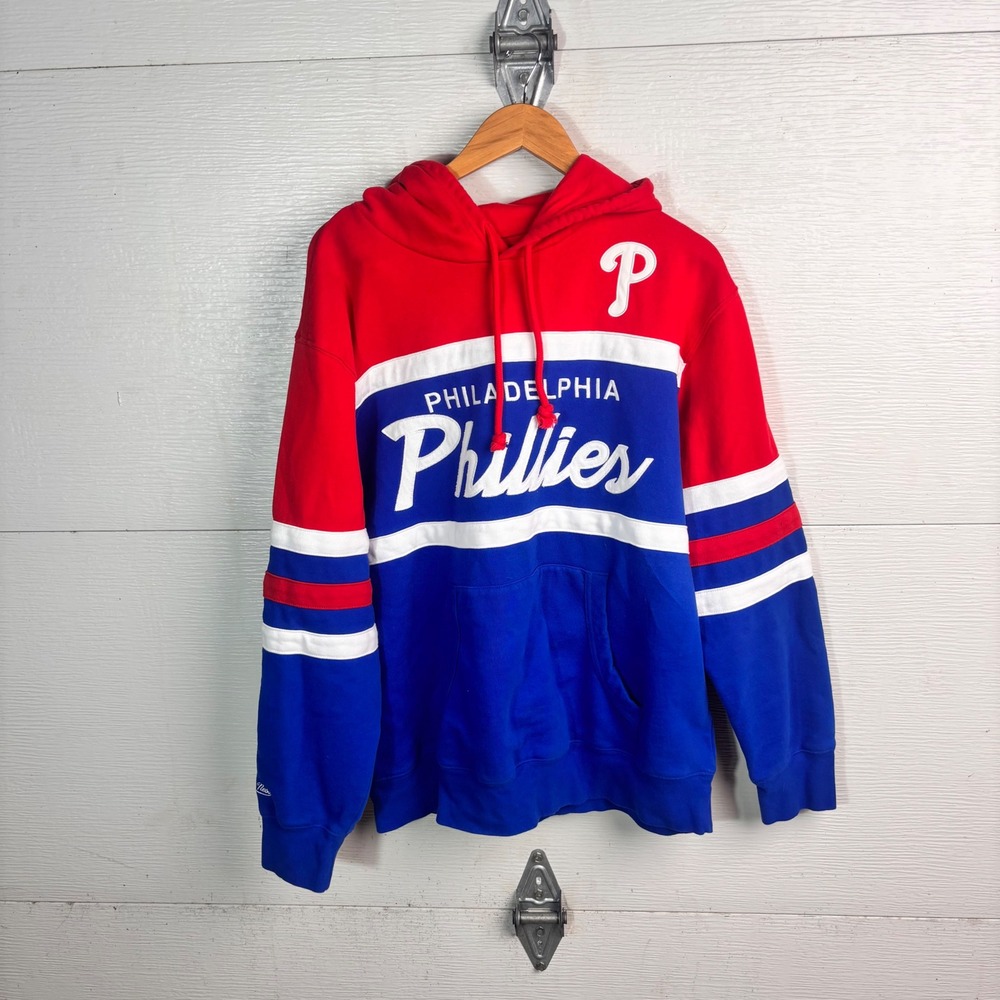 Phillies Mitchell Ness Hoodie MLB Colorblock Red Blue Embroidered Size XL